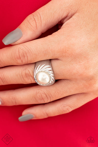 Wall Street Whimsical –– White Pearl Silver Band Ring - Paparazzi Accessories