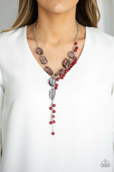Prismatic Princess - Red Pearly Beads - Smoky Gems Silver Necklace - Paparazzi Accessories