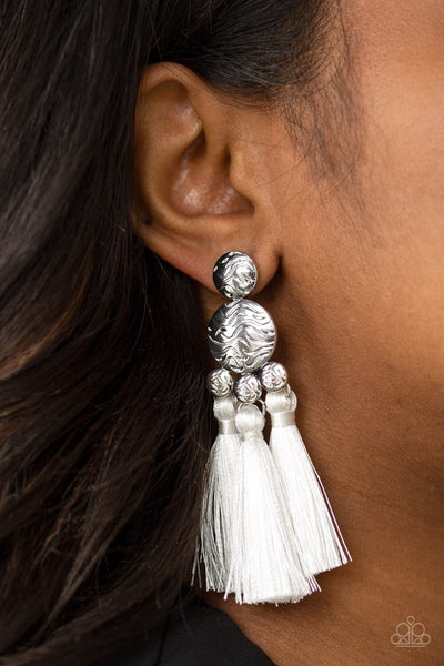 Taj Mahal Tourist - White Tassel Earrings - Paparazzi Accessories